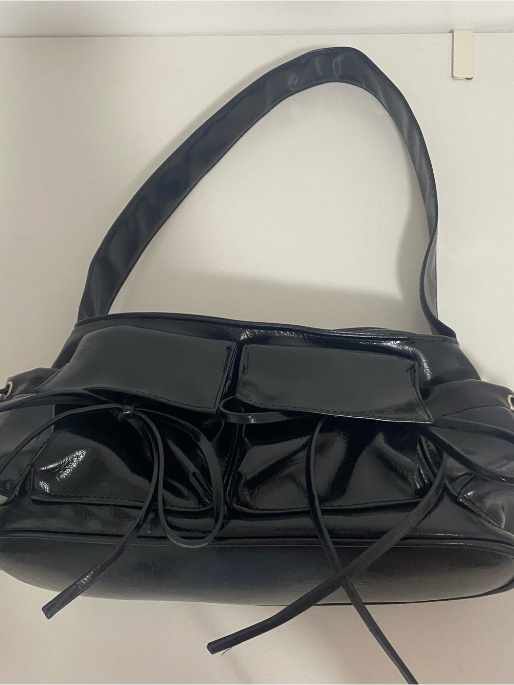 Faux Leather Black Shoulder Bag with Bow Accent